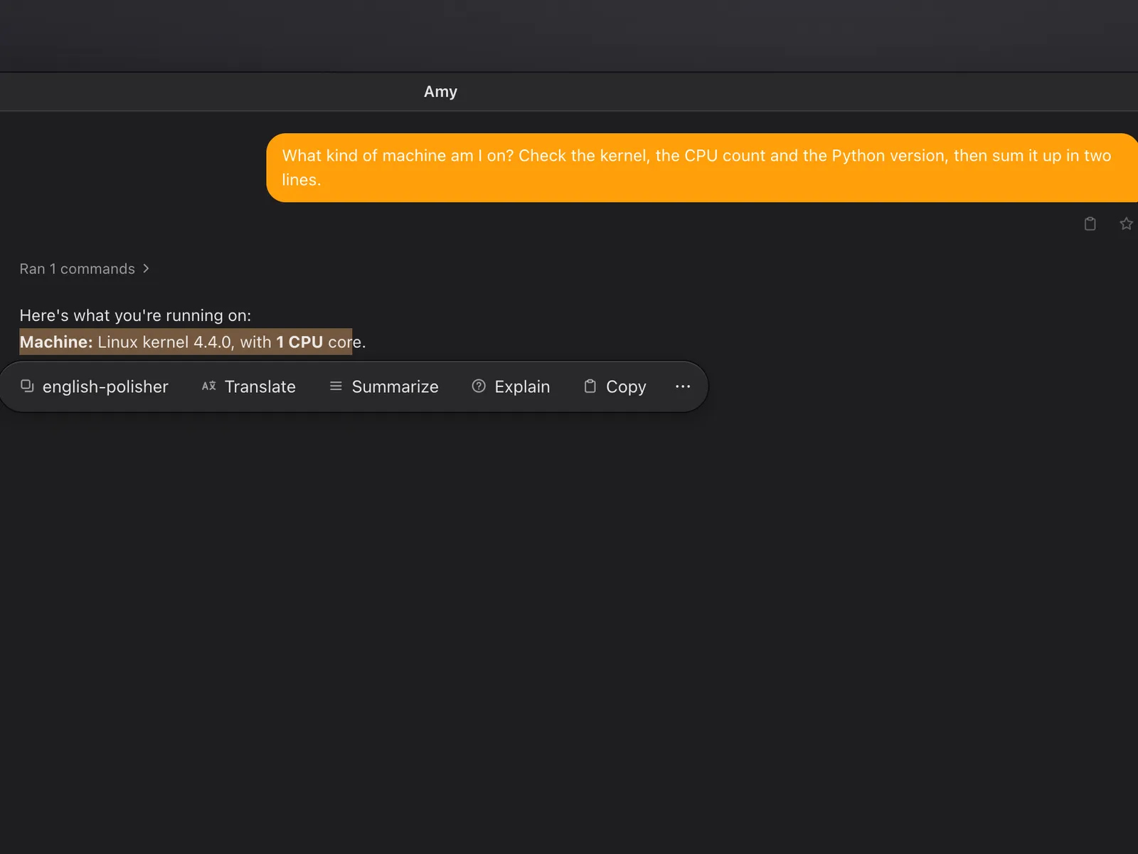 The MoteOS selection toolbar floating under a highlighted sentence, offering a custom blueprint plus translate, summarize and explain.