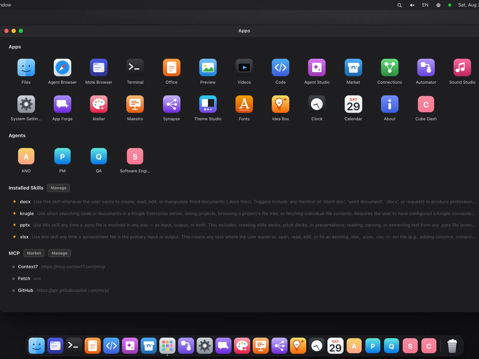 The MoteOS Apps screen listing the built in apps, the account’s agents, and its installed skills.